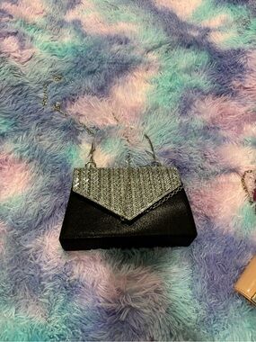 Black and Silver Evening Clutch Bag with Chain Strap